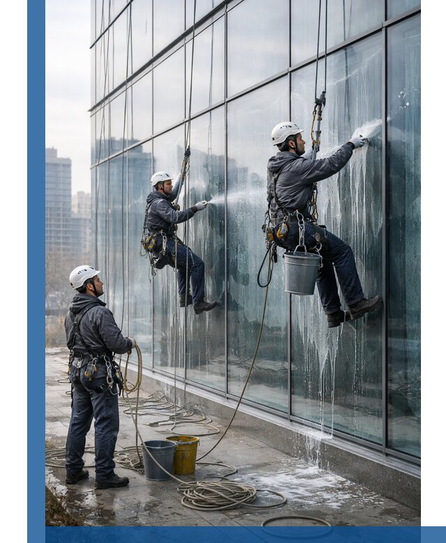 Промышленная мойка панорамных окон на высоте в Кулебаках