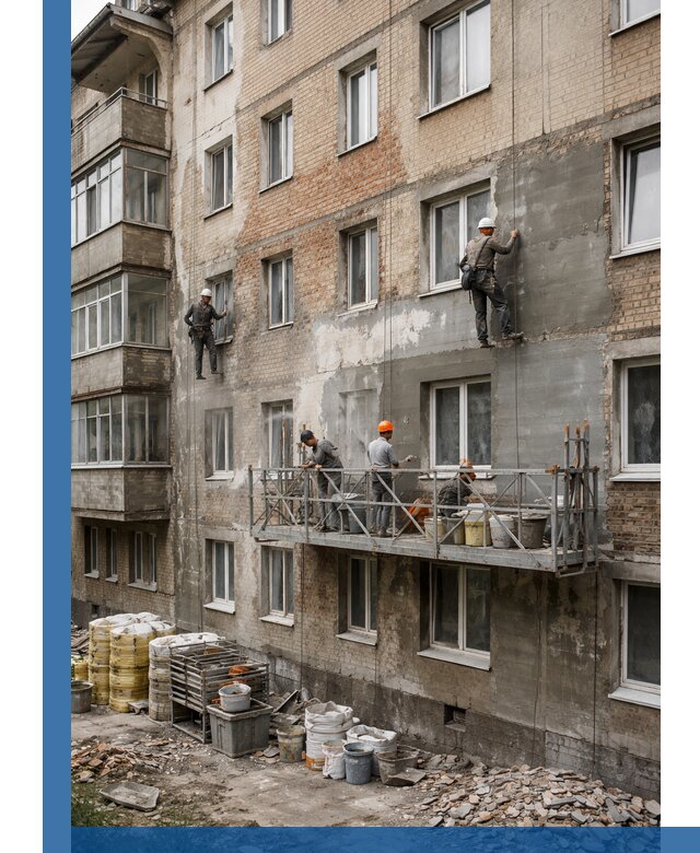 Капитальный ремонт фасада в Кулебаках с восстановлением и гидроизоляцией