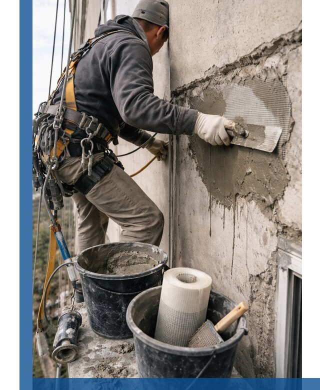 Ремонт бетонных элементов фасада промышленными альпинистами в Кулебаках