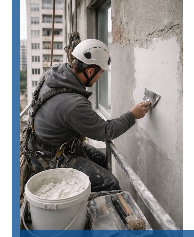 Шпаклевка фасадов на высоте с промальпинистами в Кулебаках