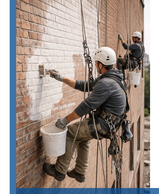 Покраска кирпичного фасада с доступным альпинистским сервисом в Кулебаках