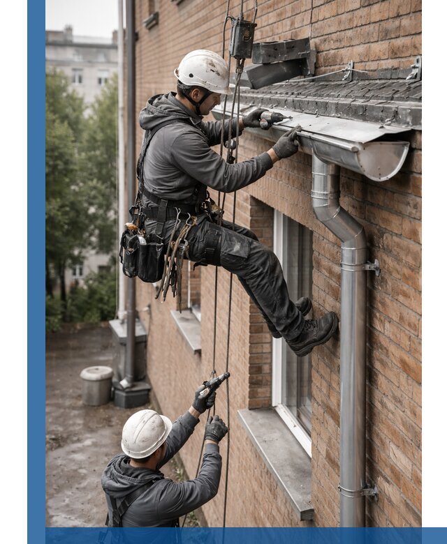 Монтаж водосточной системы на здании в Кулебаках под ключ