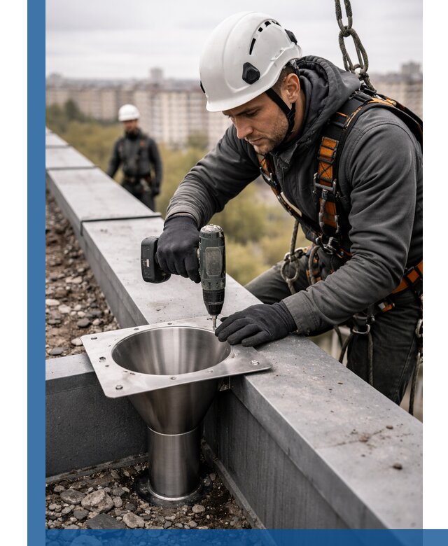 Монтаж водосточных воронок в Кулебаках для промышленных зданий