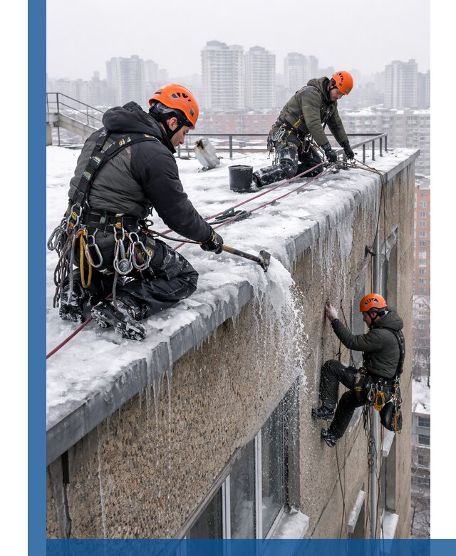 Удаление наледи с кровли в Кулебаках промышленными альпинистами