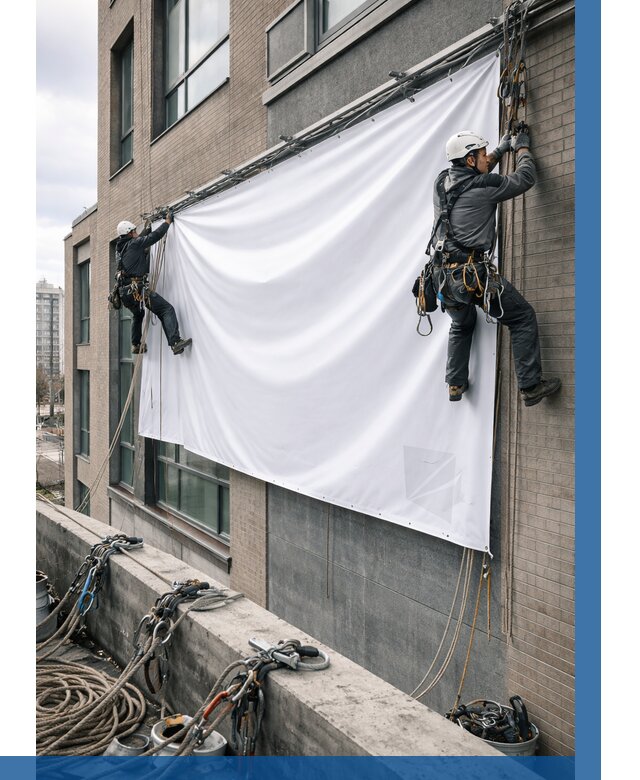 Монтаж баннеров на фасаде в Кулебаках от 670 р. заказать ВЫСОТНИК-Клб