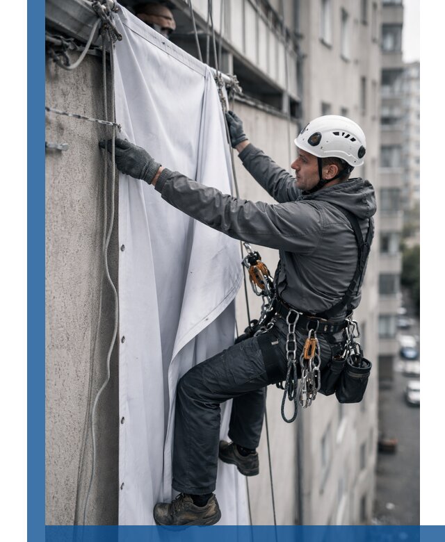 Замена баннерного полотна промышленными альпинистами в Кулебаках