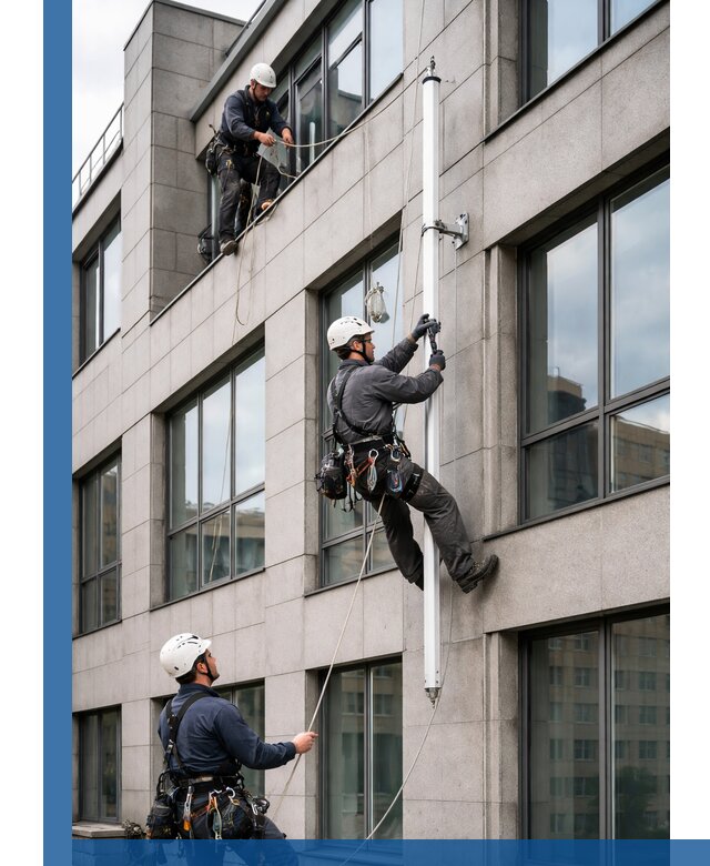 Монтаж флагштока на фасаде здания с креплением и герметикой в Кулебаках