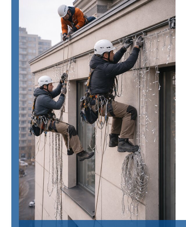 Монтаж праздничных гирлянд на фасаде в Кулебаках для зданий