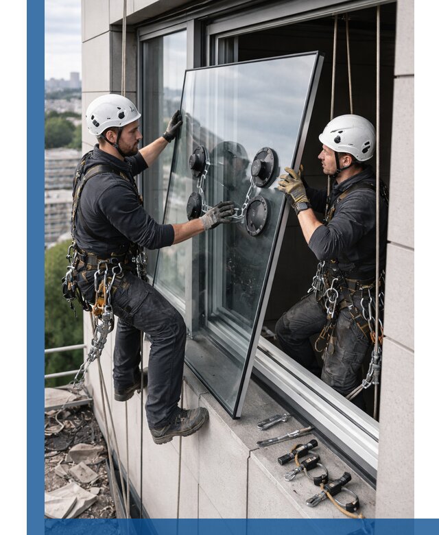 Замена стеклопакетов на высоте с промышленными альпинистами в Кулебаках
