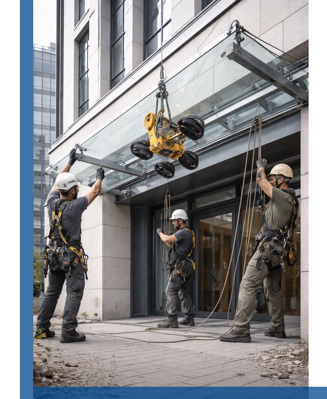 Монтаж стеклянных козырьков под ключ в Кулебаках для зданий