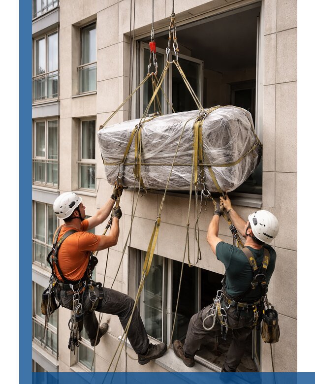 Подъем грузов через окно в Кулебаках промышленными альпинистами