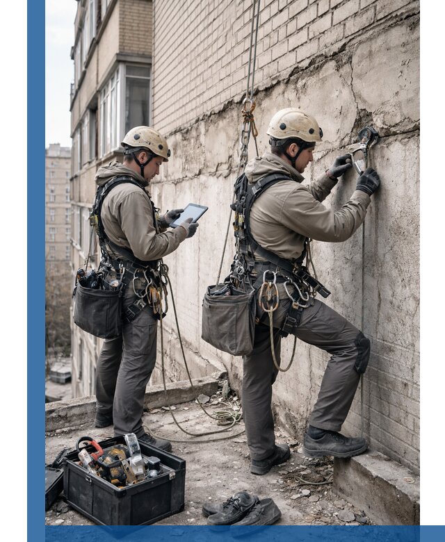 Обследование фасада промышленными альпинистами в Кулебаках